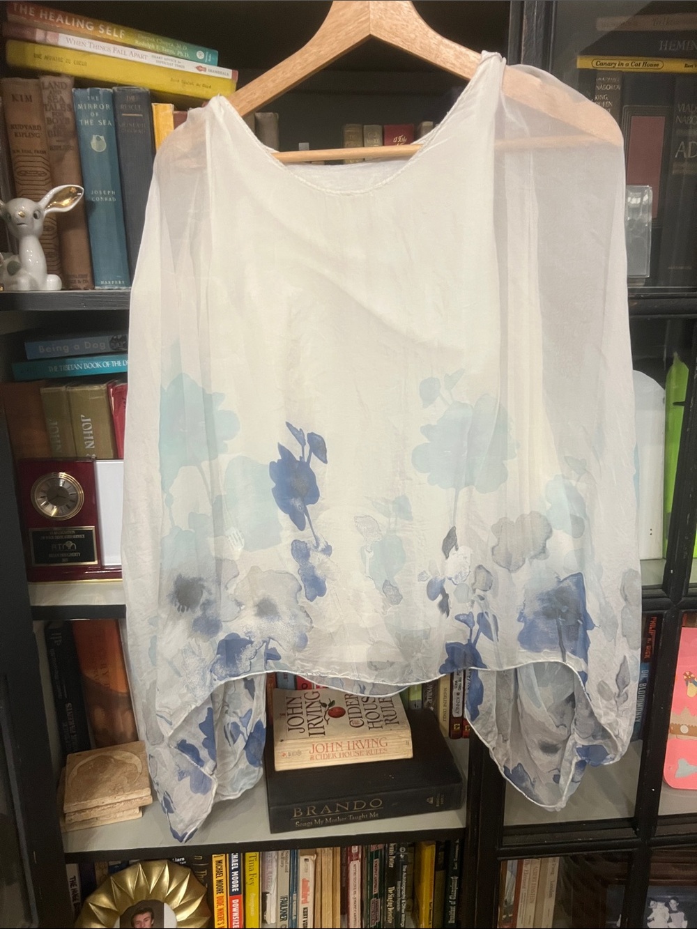 Lightweight White Sheer Blouse with Blue Floral Print